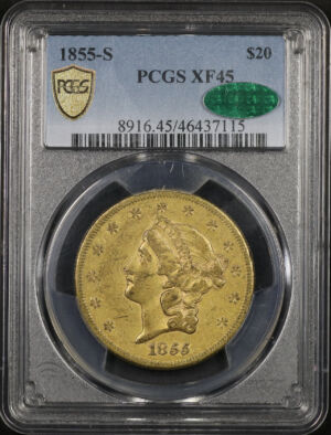 Obverse of this 1855-S Liberty Head $20 Type 1 PCGS XF-45 CAC