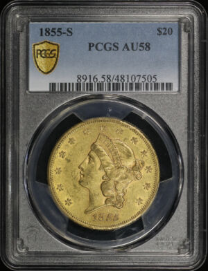 Obverse of this 1855-S Liberty Head $20 Type 1 PCGS AU-58