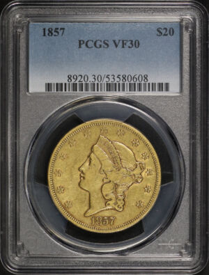 Obverse of this 1857 Liberty Head $20 Type 1 PCGS VF-30