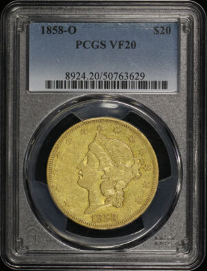 Obverse of this 1858-O Liberty Head $20 Type 1 PCGS VF-20