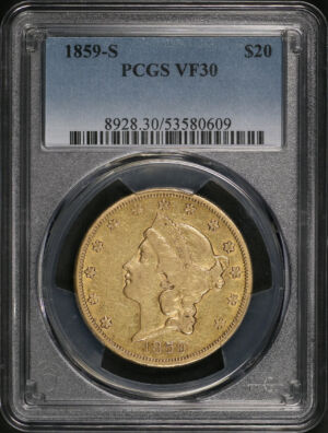 Obverse of this 1859-S Liberty Head $20 Type 1 PCGS VF-30