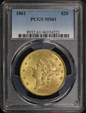 Obverse of this 1861 Liberty Head $20 Type 1 PCGS MS-61
