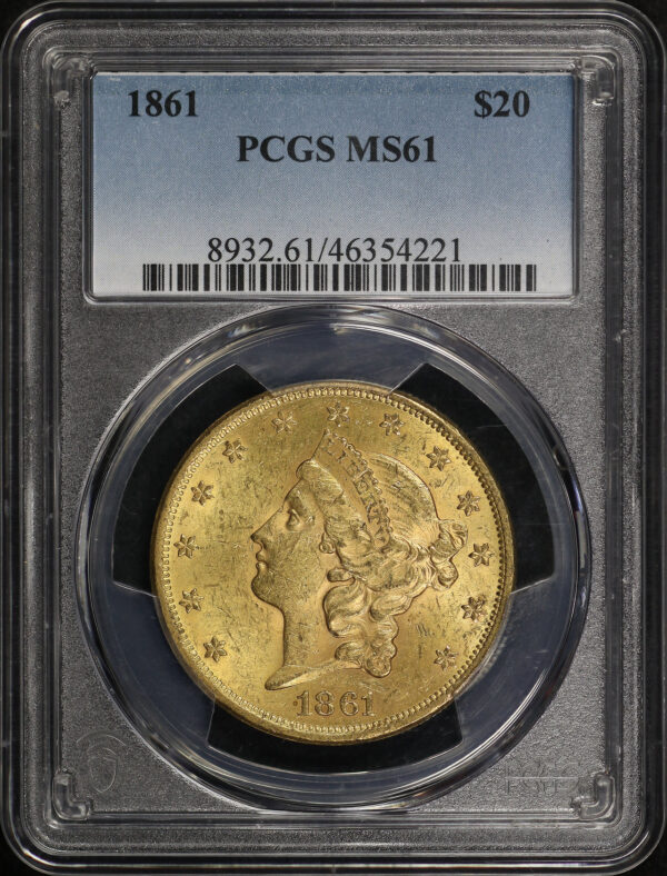 Obverse of this 1861 Liberty Head $20 Type 1 PCGS MS-61