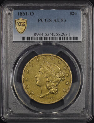 Obverse of this 1861-O Liberty Head $20 Type 1 PCGS AU-53
