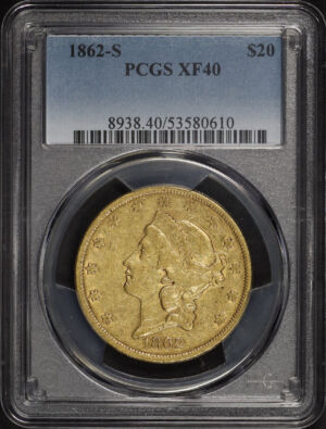 Obverse of this 1862-S Liberty Head $20 Type 1 PCGS XF-40