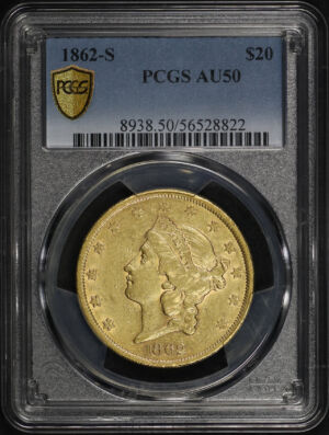 Obverse of this 1862-S Liberty Head $20 Type 1 PCGS AU-50