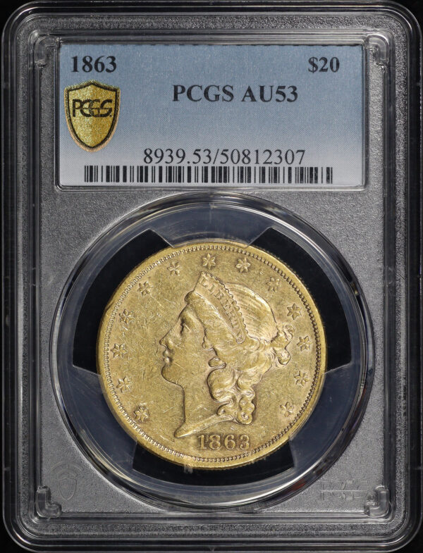 Obverse of this 1863 Liberty Head $20 Type 1 PCGS AU-53