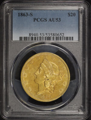 Obverse of this 1863-S Liberty Head $20 Type 1 PCGS AU-53
