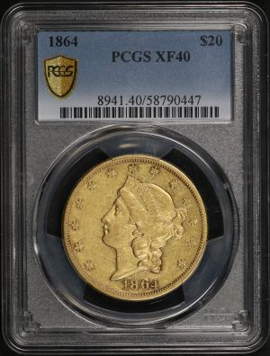 Obverse of this 1864 Liberty Head $20 Type 1 PCGS XF-40