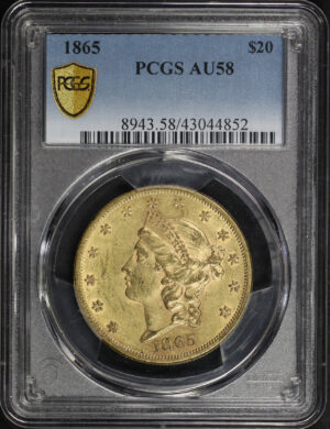 Obverse of this 1865 Liberty Head $20 Type 1 PCGS AU-58