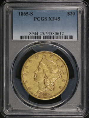 Obverse of this 1865-S Liberty Head $20 Type 1 PCGS XF-45