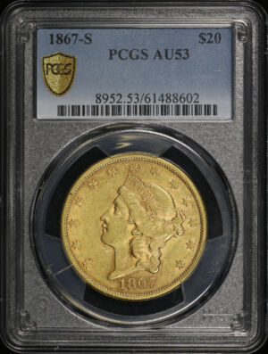 Obverse of this 1867-S Liberty Head $20 Type 2 PCGS AU-53