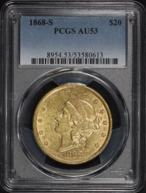 Obverse of this 1868-S Liberty Head $20 Type 2 PCGS AU-53