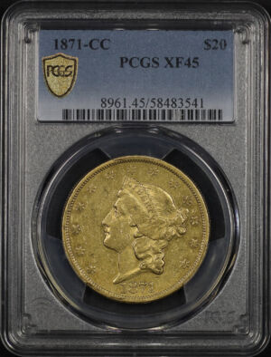 Obverse of this 1871-CC Liberty Head $20 Type 2 PCGS XF-45