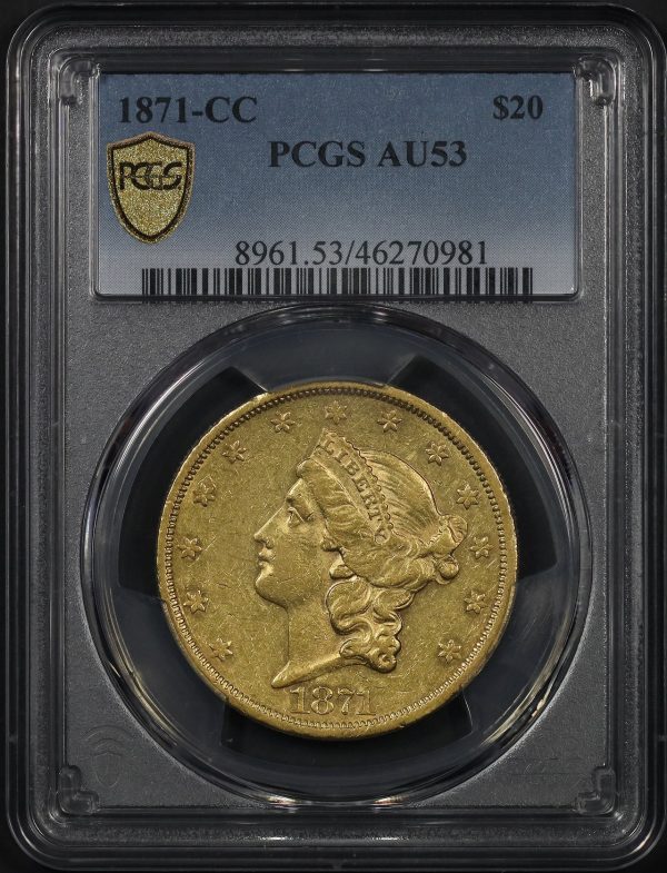 Obverse of this 1871-CC Liberty Head $20 Type 2 PCGS AU-53