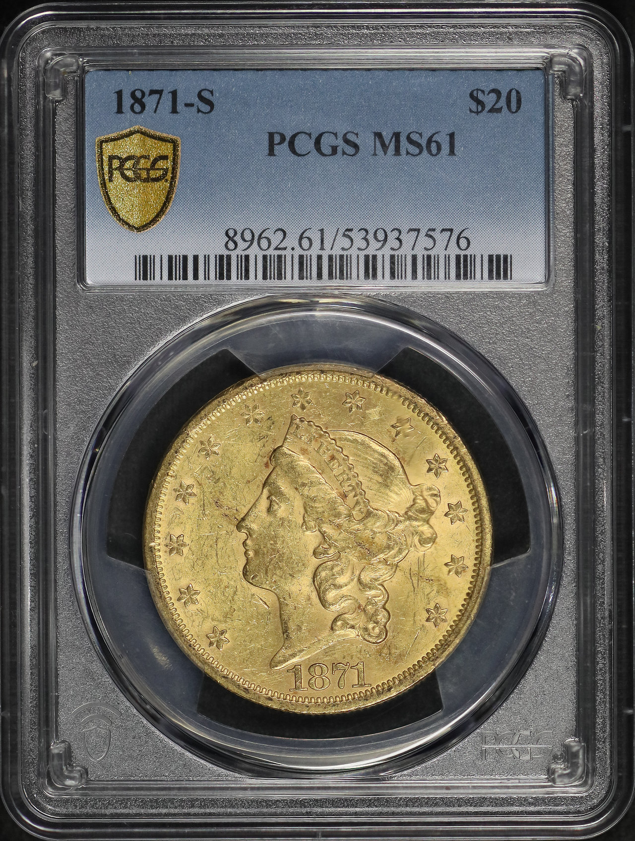 Obverse of this 1871-S Liberty Head $20 PCGS MS-61