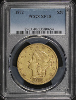 Obverse of this 1872 Liberty Head $20 Type 2 PCGS XF-40