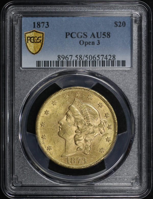 Obverse of this 1873 Liberty Head $20 Type 2 Open 3 PCGS AU-58