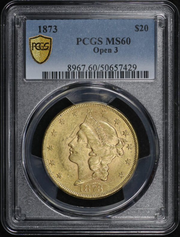 Obverse of this 1873 Liberty Head $20 Type 2 Open 3 PCGS MS-60