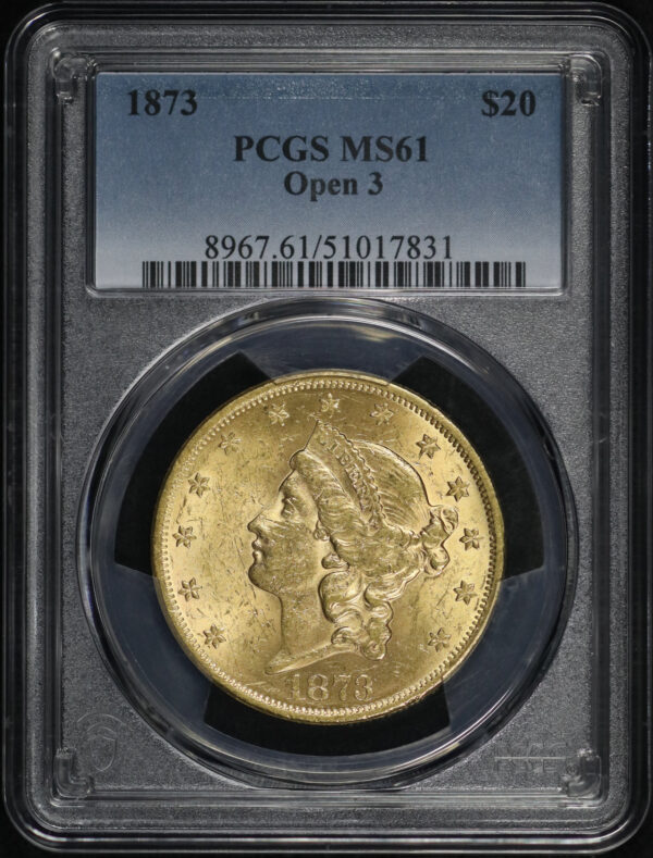 Obverse of this 1873 Liberty Head $20 Type 2 Open 3 PCGS MS-61