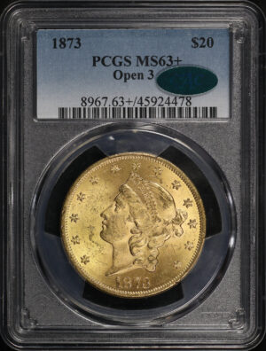 Obverse of this 1873 Liberty Head $20 Type 2 Open 3 PCGS MS-63+ CAC