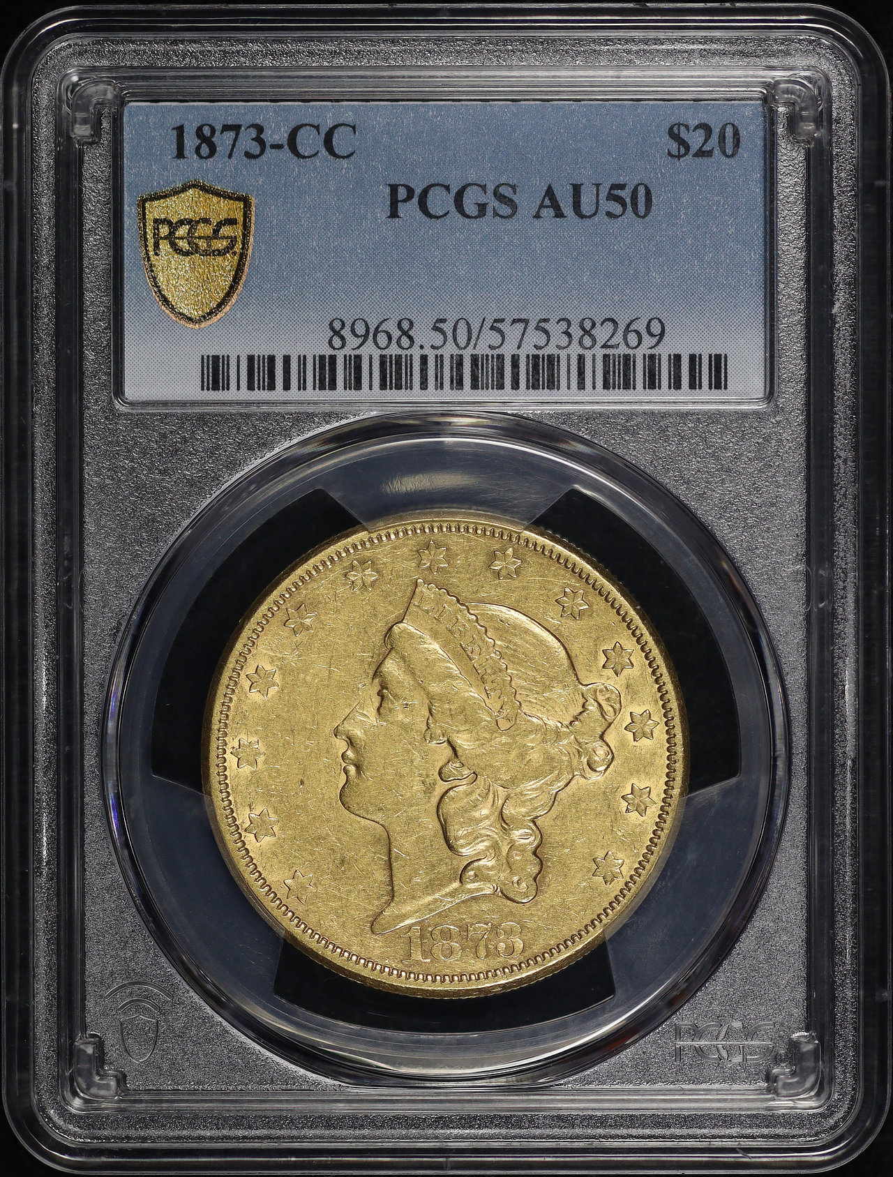 Obverse of this 1873-CC Liberty Head $20 PCGS AU-50