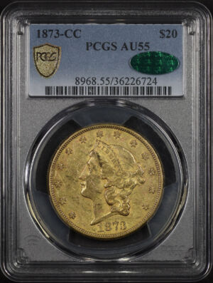 Obverse of this 1873-CC Liberty Head $20 PCGS AU-55 CAC