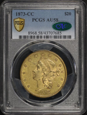 Obverse of this 1873-CC Liberty Head $20 PCGS AU-58 CAC