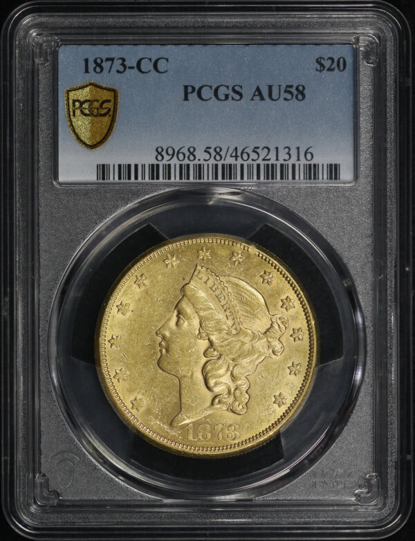 Obverse of this 1873-CC Liberty Head $20 Type 2 PCGS AU-58