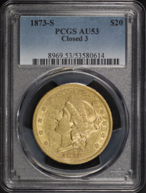 Obverse of this 1873-S Liberty Head $20 Typ 2 Closed 3 PCGS AU-53