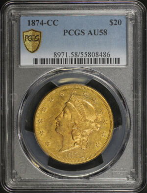Obverse of this 1874-CC Liberty Head $20 Type 2 PCGS AU-58