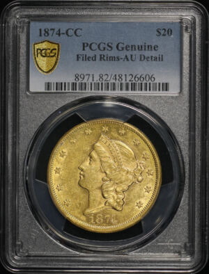 Obverse of this 1874-CC Liberty Head $20 Type 2 PCGS AU Details Filed Rims