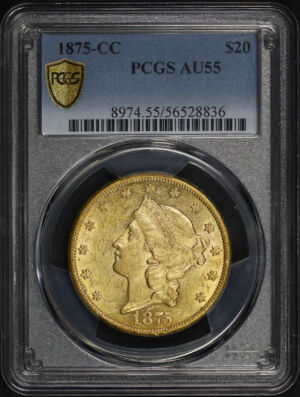 Obverse of this 1875-CC Liberty Head $20 PCGS AU-55
