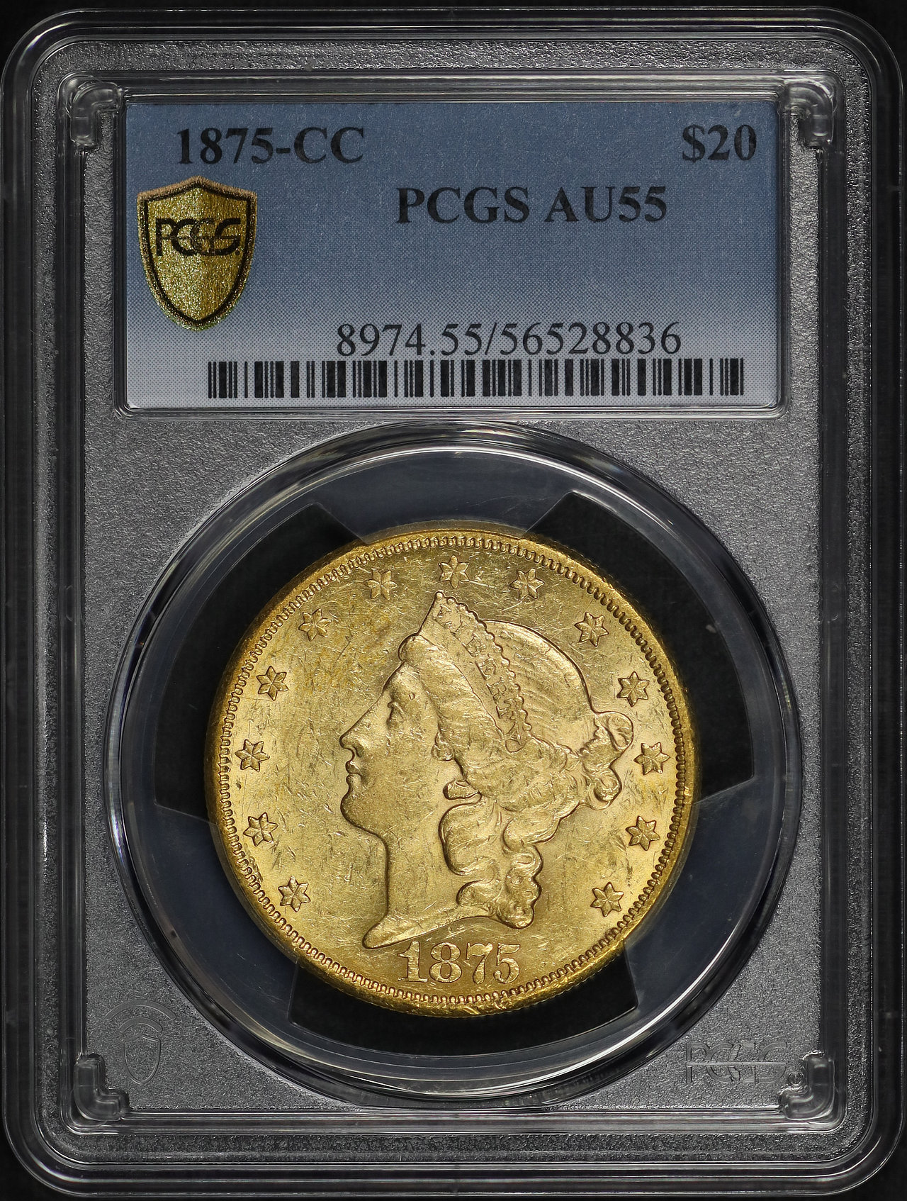 Obverse of this 1875-CC Liberty Head $20 PCGS AU-55