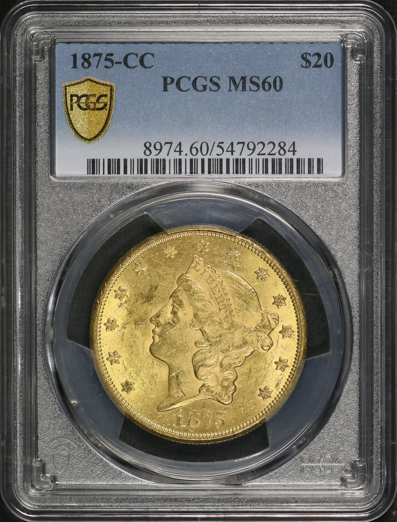 Obverse of this 1875-CC Liberty Head $20 PCGS MS-60