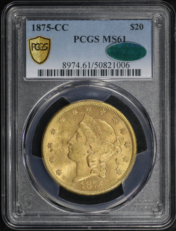 Obverse of this 1875-CC Liberty Head $20 PCGS MS-61 CAC
