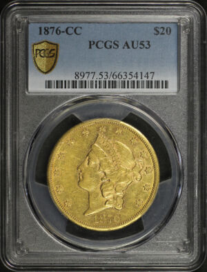 Obverse of this 1876-CC Liberty Head $20 PCGS AU-53