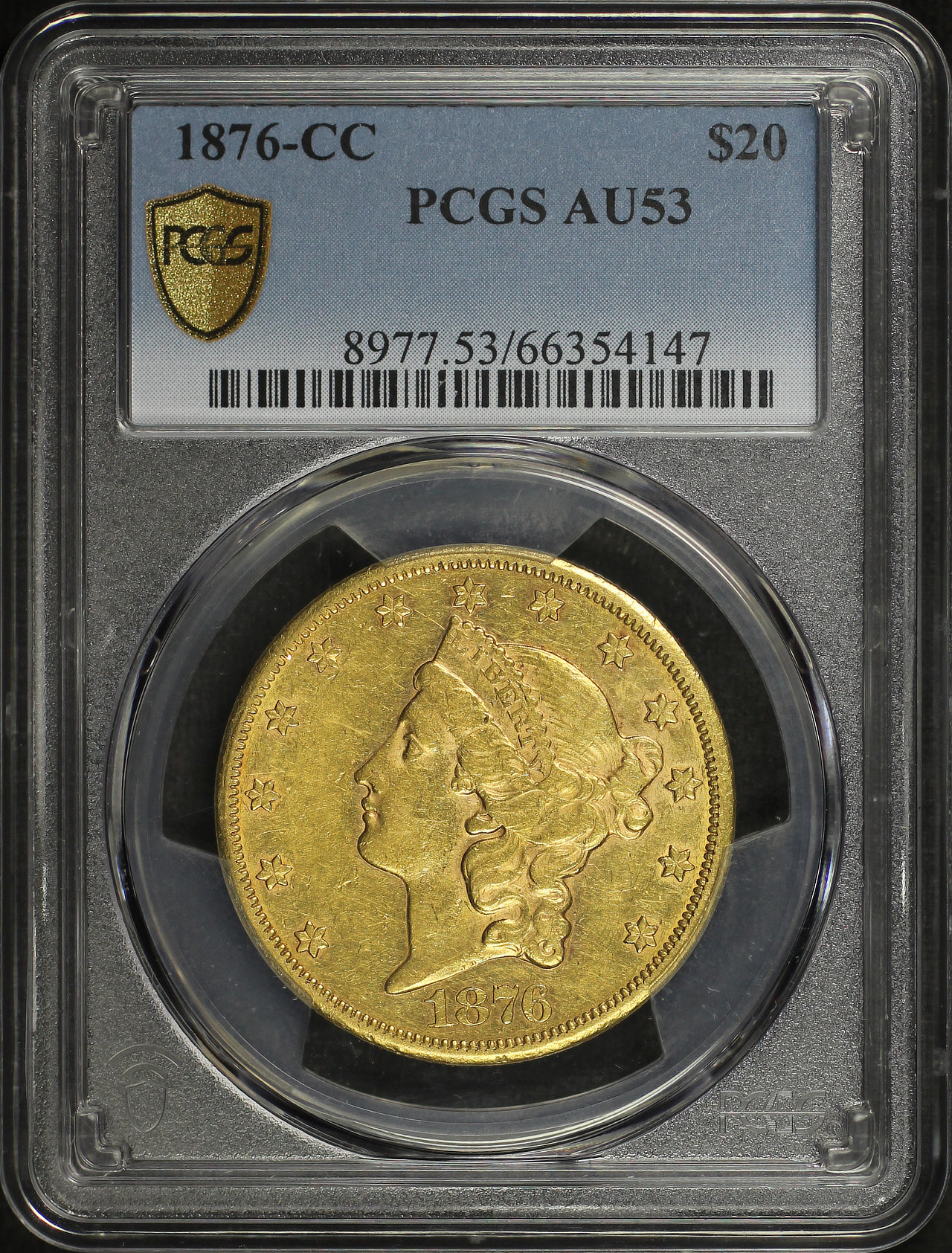 Obverse of this 1876-CC Liberty Head $20 PCGS AU-53