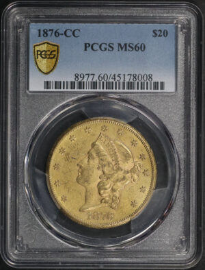 Obverse of this 1876-CC Liberty Head $20 Type 2 PCGS MS-60