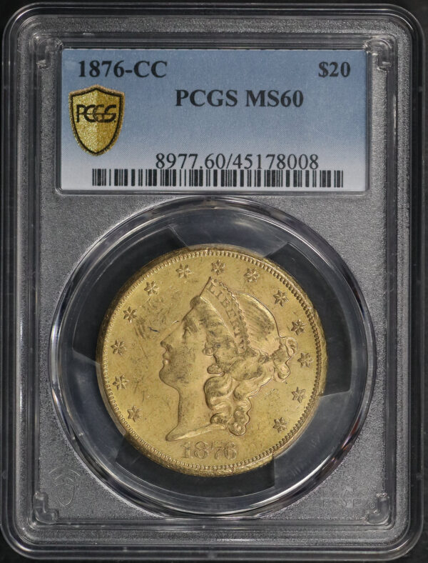 Obverse of this 1876-CC Liberty Head $20 Type 2 PCGS MS-60