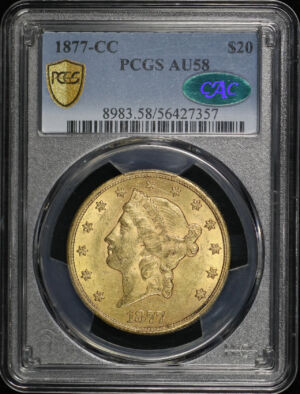 Obverse of this 1877-CC Liberty Head $20 Type 3 PCGS AU-58 CAC