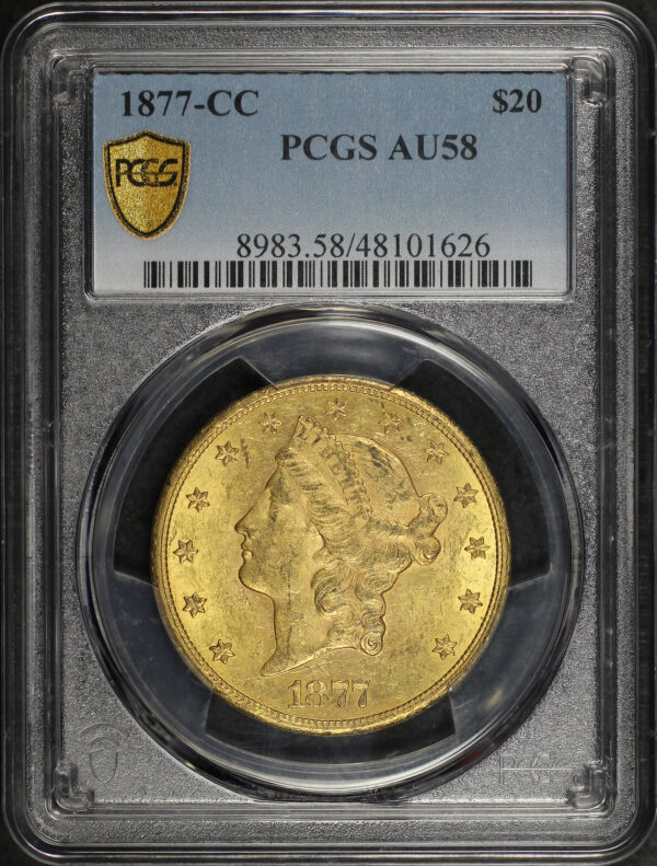 Obverse of this 1877-CC Liberty Head $20 Type 3 PCGS AU-58