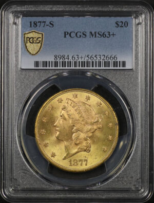 Obverse of this 1877-S Liberty Head $20 Type 3 PCGS MS-63+