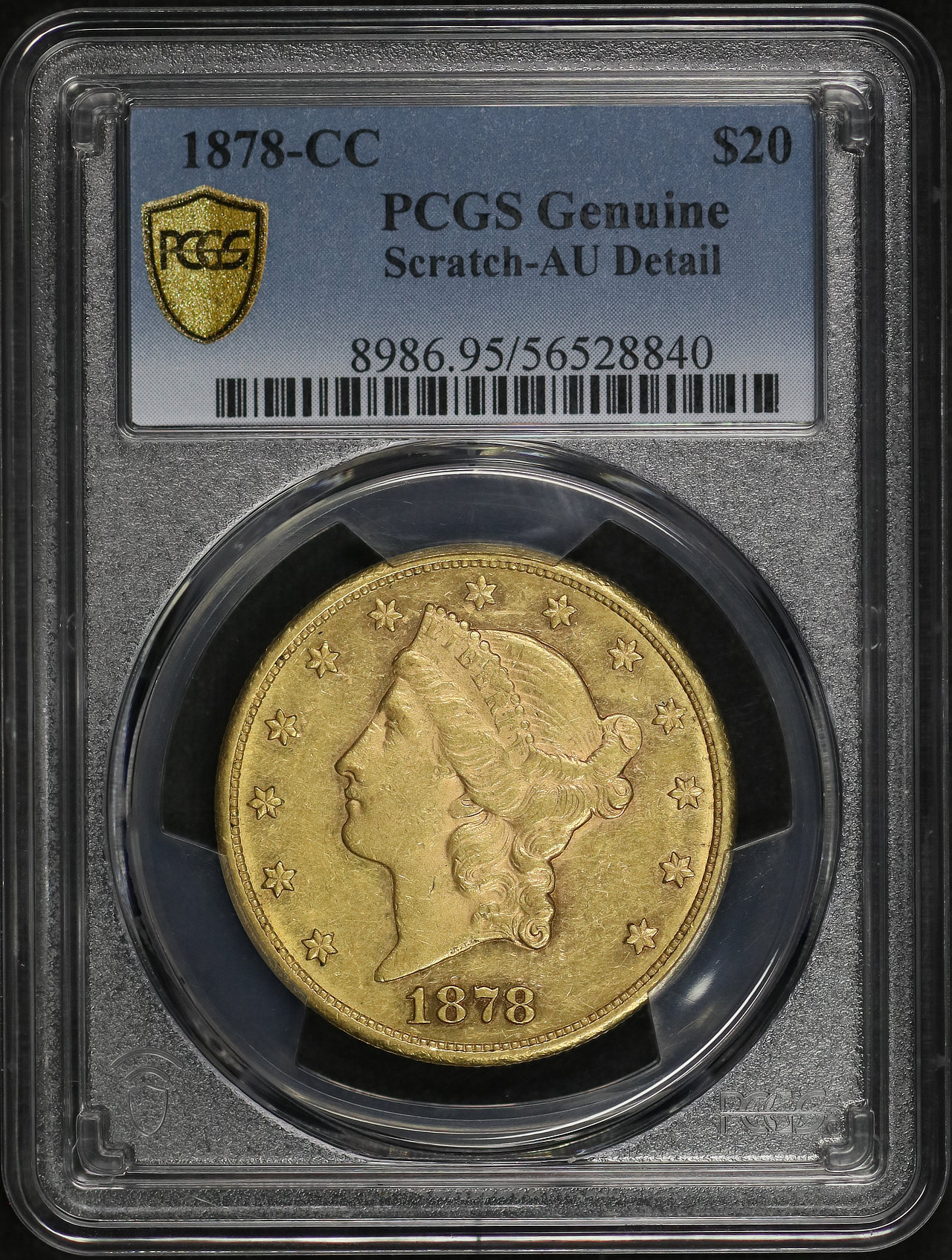Obverse of this 1878-CC Liberty Head $20 Type 3 PCGS AU Details Scratched