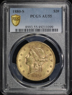 Obverse of this 1880-S Liberty Head $20 Type 3 PCGS AU-55