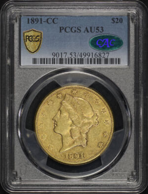 Obverse of this 1891-CC Liberty Head $20 Type 3 PCGS AU-53 CAC