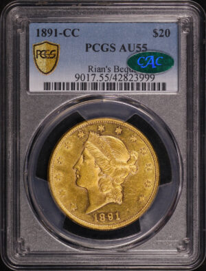 Obverse of this 1891-CC Liberty Head $20 Type 3 PCGS AU-55 CAC Rian’s Bequest