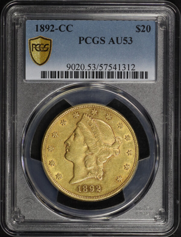 Obverse of this 1892-CC Liberty Head $20 Type 3 PCGS AU-53