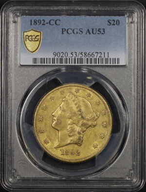 Obverse of this 1892-CC Liberty Head $20 Type 3 PCGS AU-53
