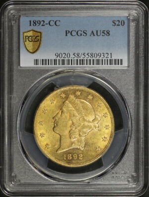 Obverse of this 1892-CC Liberty Head $20 Type 3 PCGS AU-58